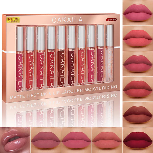 CAKAILA 10pcs/set Nude Lip Gloss Matte Velvet Lipstick