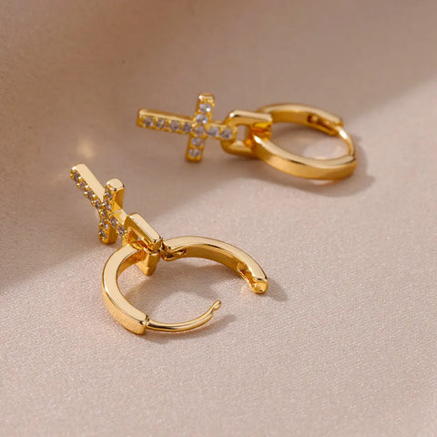 Zircon Cross Dangle Earrings for Women – Trendy Stainless Steel Wedding Jewelry