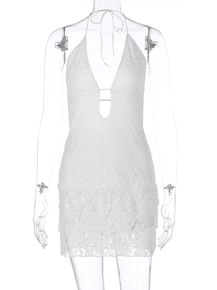 Fantoye Sexy Hollow Out Lace Halter Women Dress - White Backless High Waist Mini Dress for Summer Parties and Beachwear