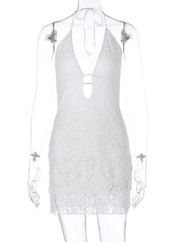 Fantoye Sexy Hollow Out Lace Halter Damesjurk - Witte Rugloze Minijurk met Hoge Taille voor Zomerfeesten en Strandkleding 