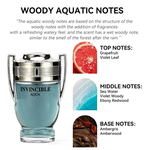 100ML Invincible Aqua Men's Perfume EDP - Woody Aquatic Notes, Fresh Ocean Fragrance Spray Gift for Men