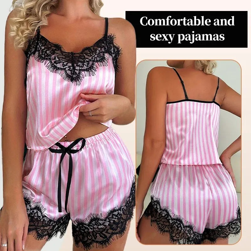 Two Piece Women's V-Neck Lace Suspender Pajama Shorts Set