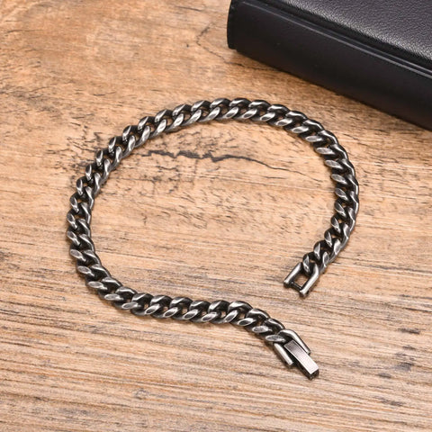 Retro Cuban Chain Bracelets for Men - Vintage Antique Stainless Steel Curb Dome Link Wristband