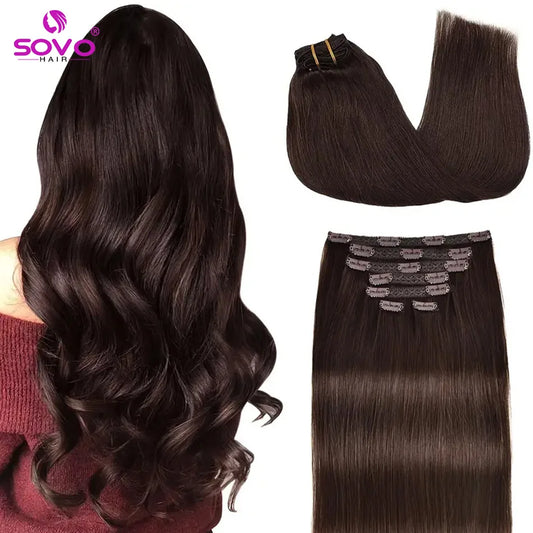 Clip-In Hair Extensions 100% Real Human Remy Hair 7pcs/Set Dark Brown #2