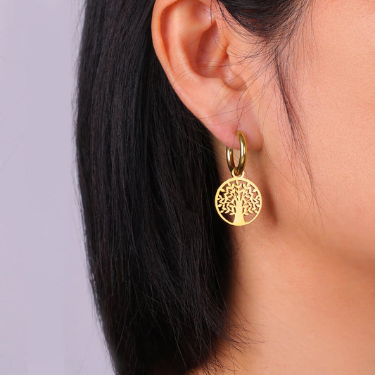 Skyrim Tree of Life Pendant Drop Earrings - Gold Color Stainless Steel Hoop Earrings - Vintage Amulet Jewelry for New Year & Valentine