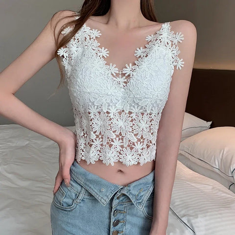 ITOOLIN Summer Women Lace V-Neck Backless Crop Top