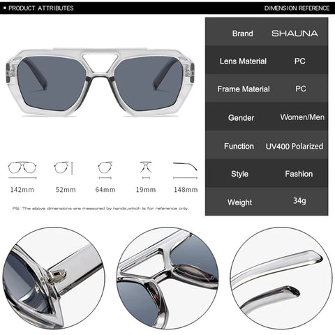 SHAUNA Retro Dubbele Brug Vierkante Zonnebril – Heldere Oceaan Lens UV400 Unisex Polygon Shades