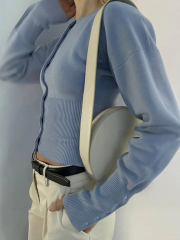 Tossy Autumn Fashion Knitwear Cardigan Top for Women - Ribbed Patchwork Slim Casual Cropped Inner Top