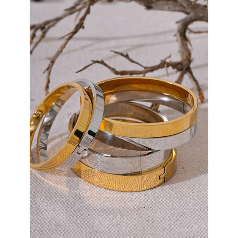 Yhpup High Quality Stainless Steel Round Wide Bracelet Bangle – Fashion Texture in Gold and Silver Color, Waterproof Charm Jewelry Gift