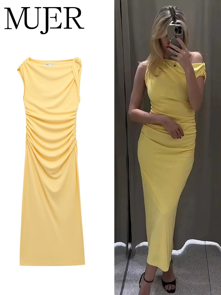 MUJER Yellow Draped Long Dresses for Women