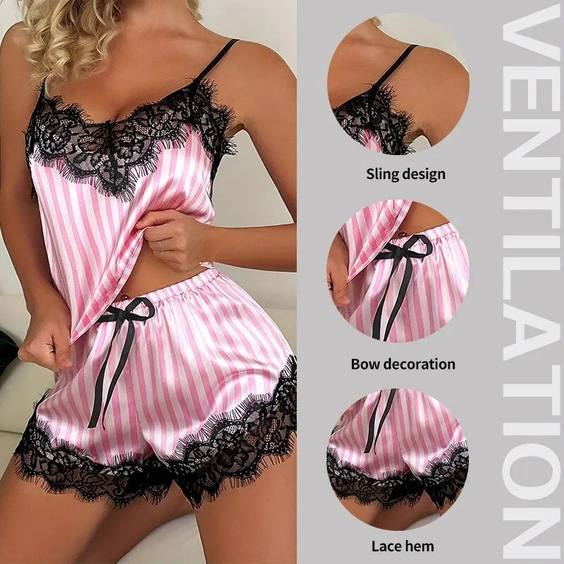 Two Piece Women's V-Neck Lace Suspender Pajama Shorts Set