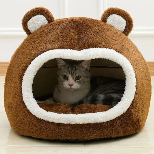 Cozy Brown Cat Bed - Plush Lounger for Kittens and Small Dogs