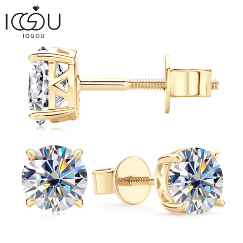 IOGOU 14K Gold Moissanite Stud Earrings – 6mm Screw Back Unisex Design