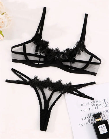 Sensual Transparent Lace Lingerie Set - Exotic 2-Piece Bra and Thong