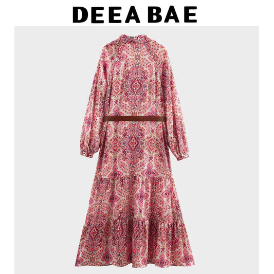 DEEABAE Floral Midi Dress with Belt