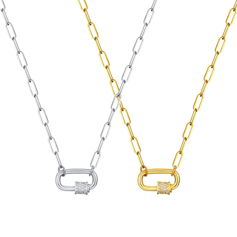Pave Zircon Pin Pendant Necklace for Women - Adjustable Stainless Steel Paperclip Chain Wholesale Jewelry