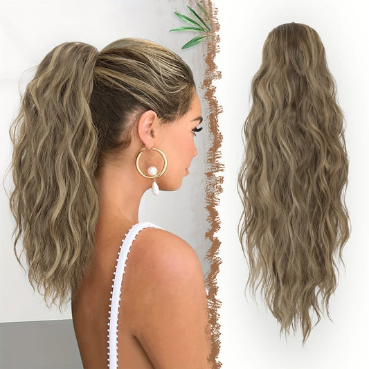 Synthetic Long Wavy Ponytail Hair Extension - 18 Inch Brown Blonde Mix