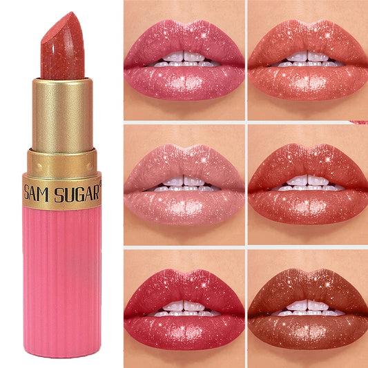 Diamond Pink Lipstick Chocolate Brown Metallic Glitter Lipstick - Long-Lasting Waterproof Shimmer Pearl Sparkling Lip Gloss