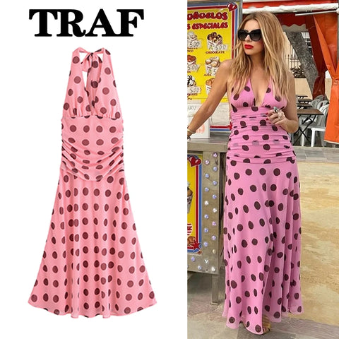TRAF 2025 Polka Dot Printed Long Dress - Chic Backless Midi Dress