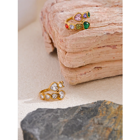 Yhpup Delicate Cubic Zirconia Heart Stainless Steel Gold Color Adjustable Ring
