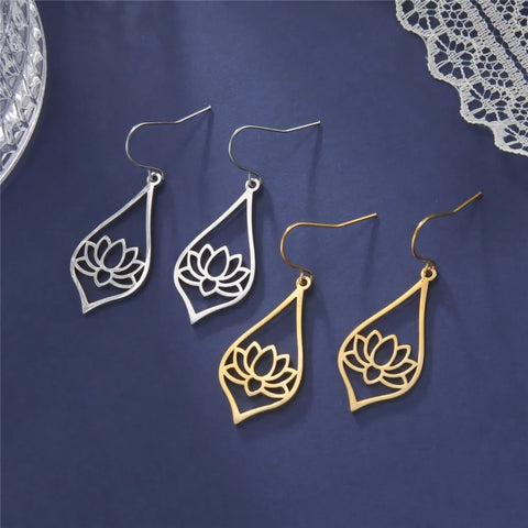 Skyrim Lotus Flower Rhinestone Dangle Earrings - Gold Stainless Steel Bohemian Jewelry for Women