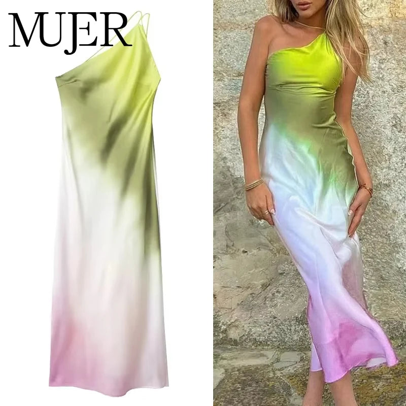 MUJER Tie Dye Long Dress - Asymmetric Satin Backless Evening Dress