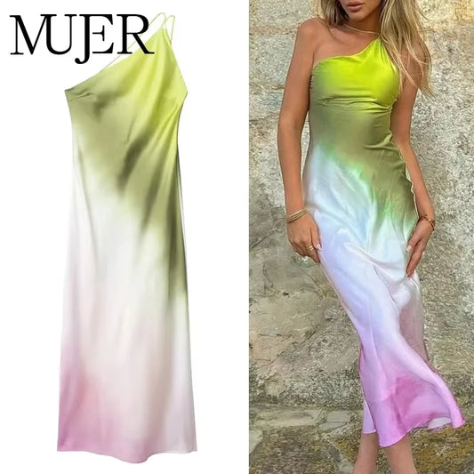 MUJER Tie Dye Long Dress - Asymmetric Satin Backless Evening Dress