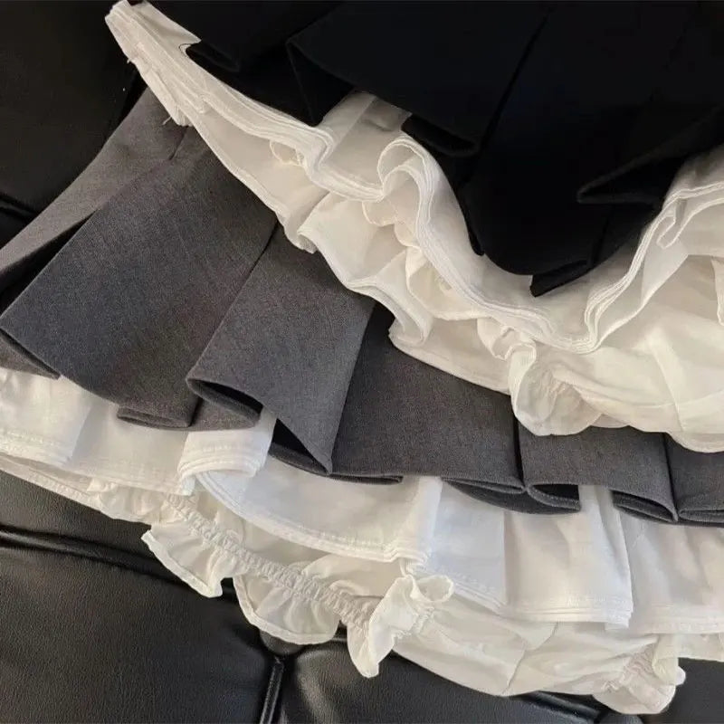 Mooyufon Ruffles Black Mini Skirt for Women – Korean Patchwork Pleated Skirts