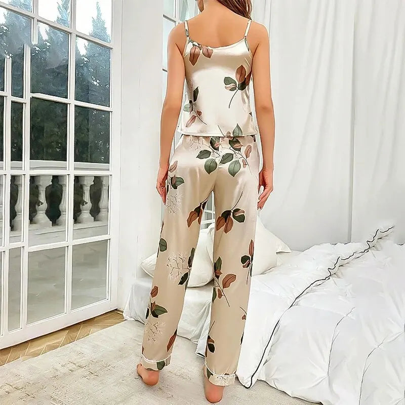 Women's Elegant Leaf Print Satin Pajama Set