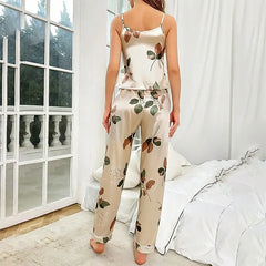 Women's Elegant Leaf Print Satin Pajama Set