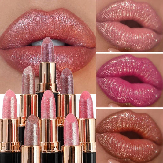 6 Colors Glitter Lipstick - Waterproof, Long-Lasting Diamond Pearlescent Metallic Lip Gloss for Women
