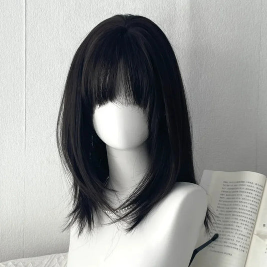 Y2K Black Medium Long Straight Hair Wig