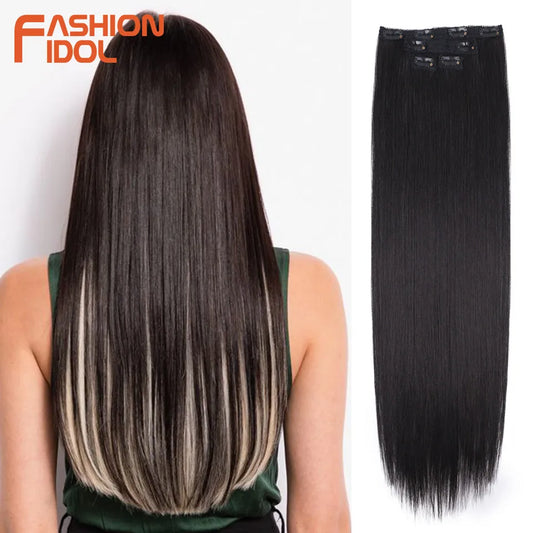 FASHION IDOL 8 Clips In Hair Extensions - Long Straight Blonde 60CM