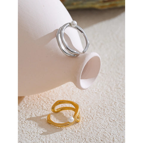 Yhpup Stylish Unique Stainless Steel Pearls Geometric Open Chic Ring for Women