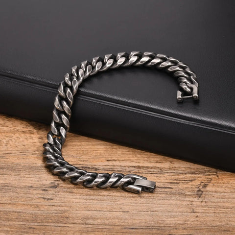 Retro Cuban Chain Bracelets for Men - Vintage Antique Stainless Steel Curb Dome Link Wristband