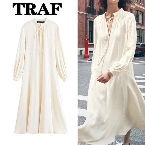 TRAF Bow Lace Up Elegant Long Dresses For Women