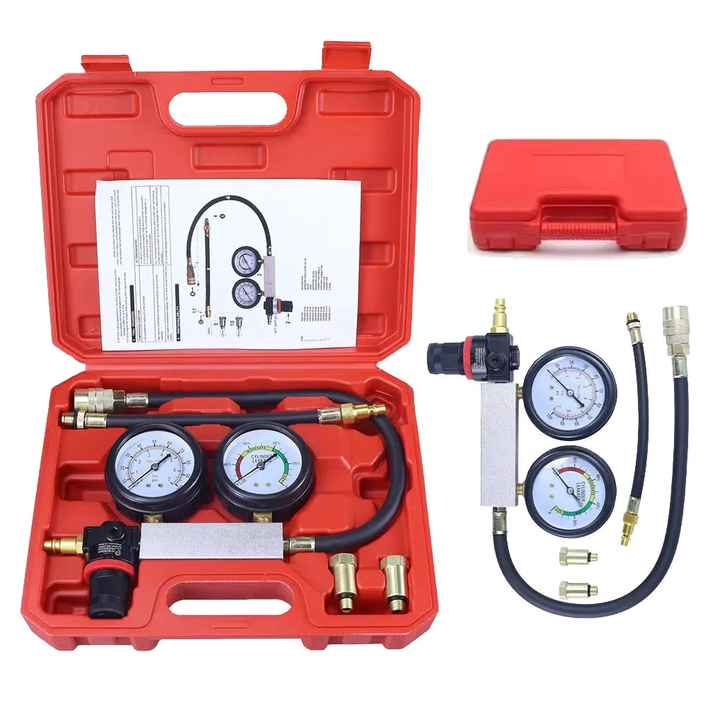 Car Cylinder Leak Down Tester TU-21 - Gasoline Engine Compression Tester Kit with Dual Gauge and Red Case