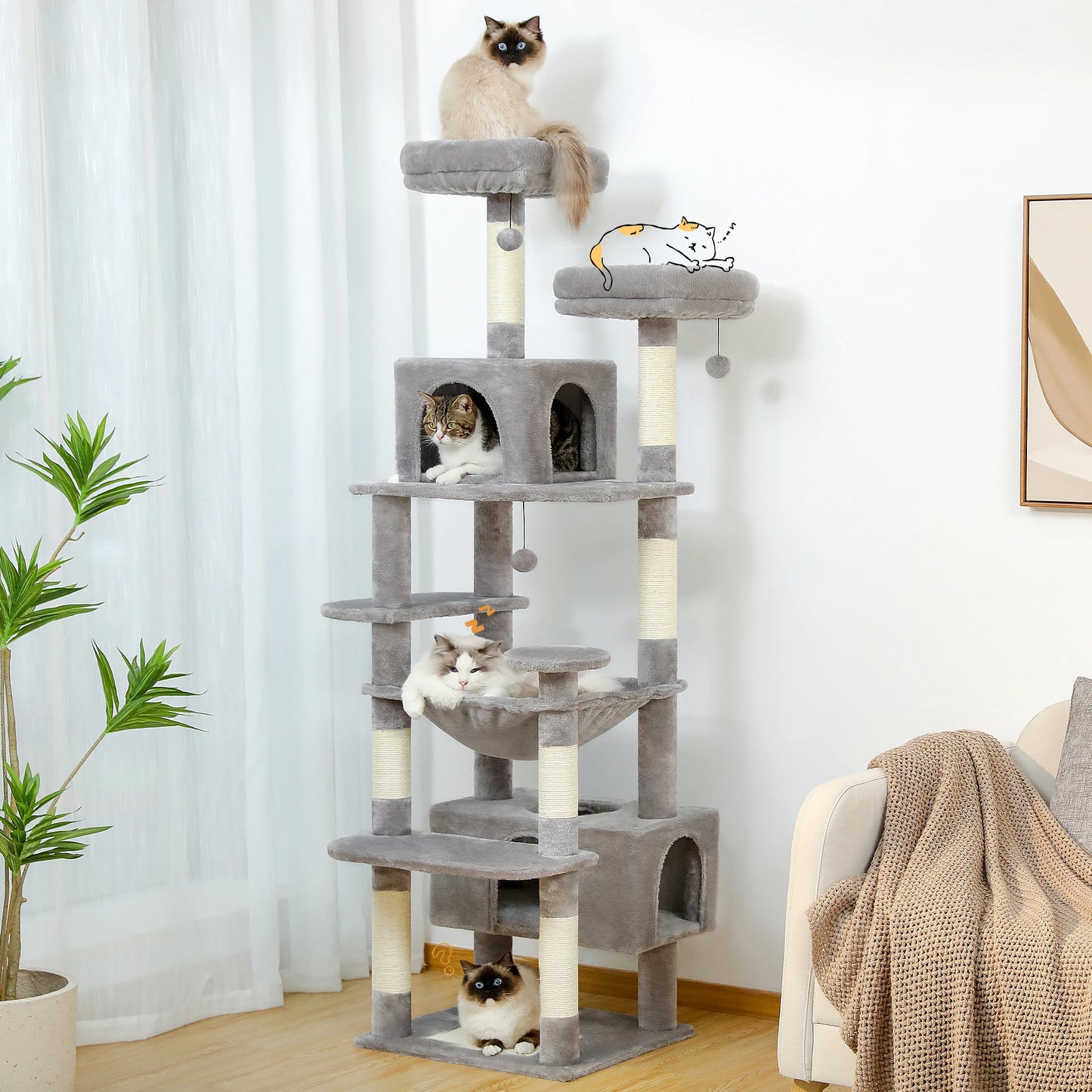 Large Cat Tree and Tower for Indoor Cats – Spacious Hammock, Padded Perches, and Sisal-Covered Scratching Posts