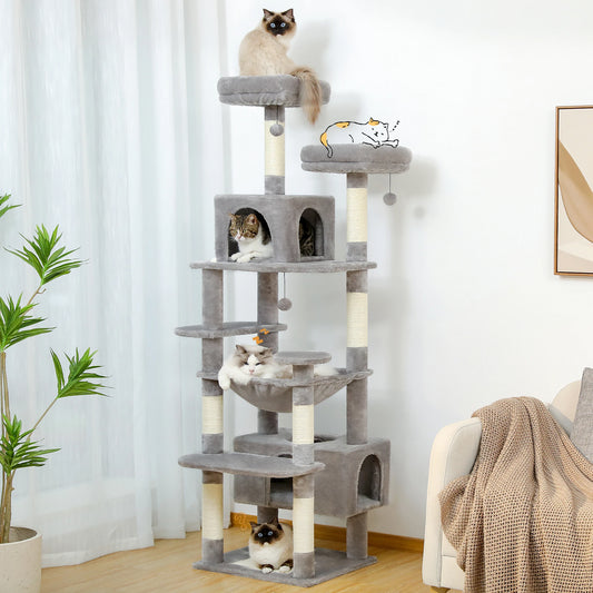 Grote kattenboom en toren voor binnenkatten – ruime hangmat, gevoerde zitstokken en met sisal beklede krabpalen