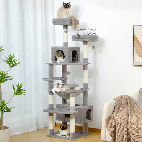 Grote kattenboom en toren voor binnenkatten – ruime hangmat, gevoerde zitstokken en met sisal beklede krabpalen
