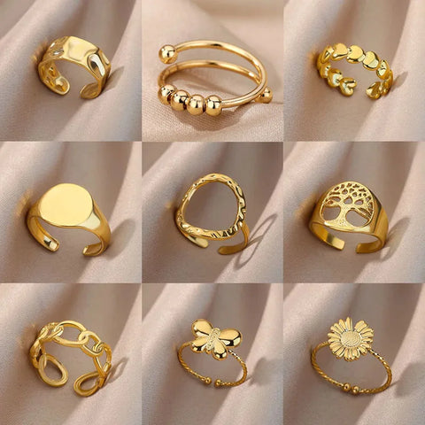 Irregular Hollow Opening Rings for Women - Gold Stainless Steel Geometric Fashion Jewelry