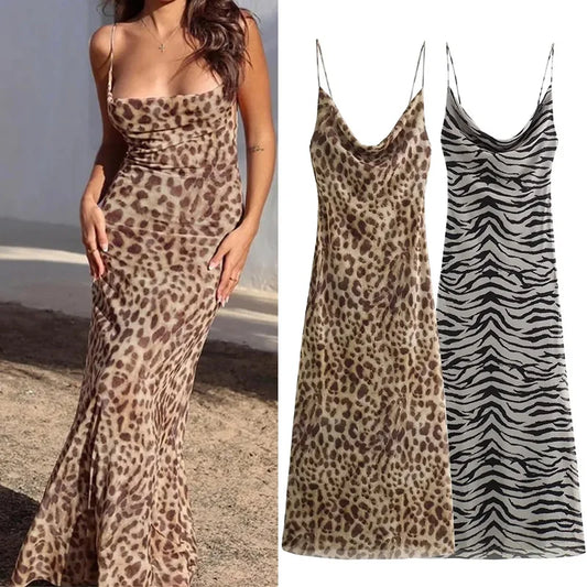 MUJER Leopard Print Tulle Slip Dress