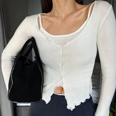 TARUXY Fashion Splice gebreide T-shirt vest voor dames - slanke lange mouwen trui top