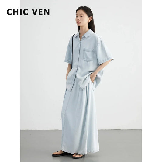 CHIC VEN Dames Casual Denim Shirt A-lijn Rokset