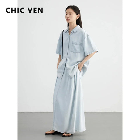 CHIC VEN Women Casual Denim Shirt A-line Skirt Set