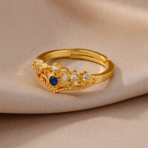Blue Zircon Crown Rings for Women - Adjustable Gold Color Wedding Jewelry Gift