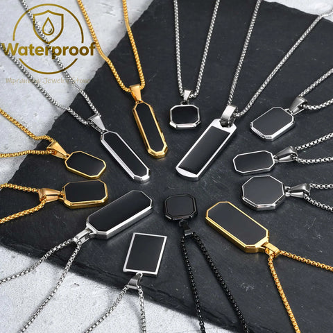 Stylish Men's Black Enamel Necklaces - Stainless Steel Geometric Square Pendant Jewelry