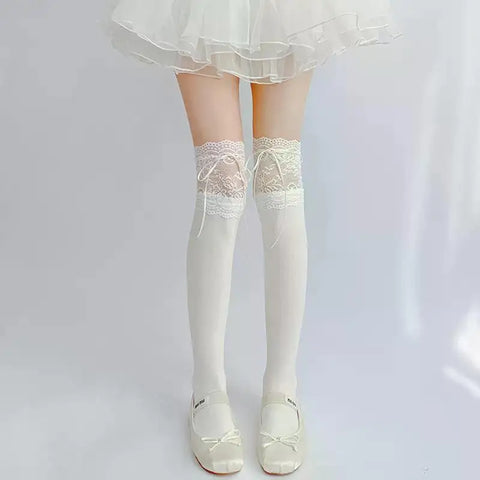 Cute White Lace Tied Ribbon Velvet Over Knee Socks for Women