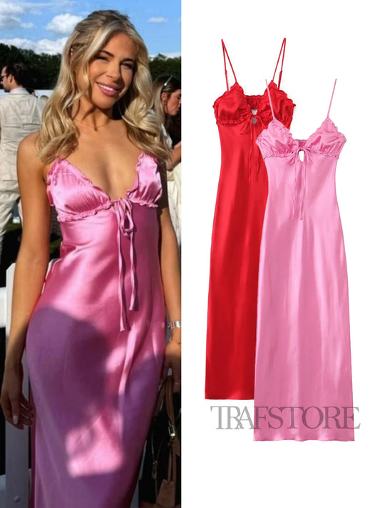 TRAF White Bow Tied Satin Sling Dress