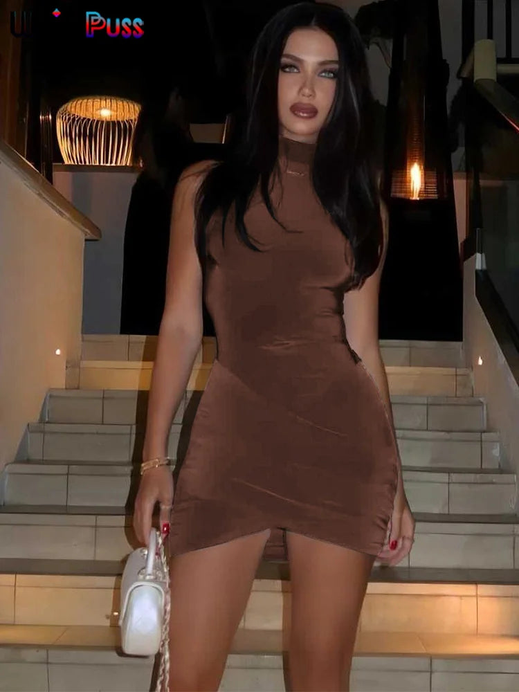 Weird Puss Cross Ruffles Mini Dress - Women's Summer Sexy Solid Half High Collar Sleeveless Trend Chic Party Clubwear